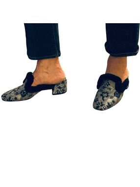 Sam Edelman Blue Floral Tapestry Satin Mules Navy Faux Fur Slip On Loafer 9